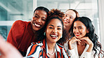 Business women, happy team and selfie in office for memory, about us or funny social media post. Group picture, smile and employees in workplace together for photography,  laugh or portrait with POV