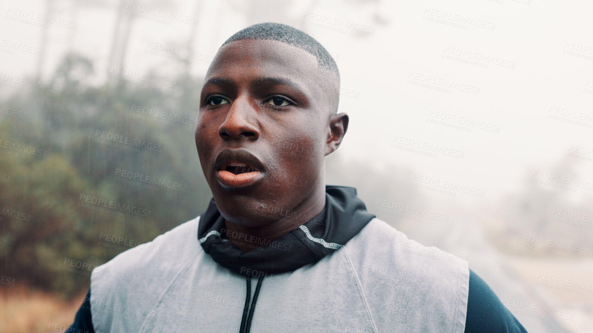 Buy stock photo Tired, outdoor and black man with fitness, training and breathing with wellness, rest and break. African person, runner or healthy athlete with exercise, exhausted and hobby with fatigue or challenge