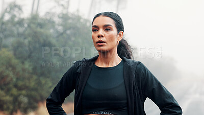 Buy stock photo Tired, outdoor and woman with fitness, training and breathing with wellness, morning and break. Person, runner or healthy athlete with exercise, exhausted and hobby with fatigue, resting or challenge