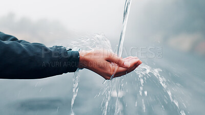 Buy stock photo Outdoor, hands and person with water splash, cleaning and hydration with wellness. Closeup, hygiene or liquid with routine, healthy or prevent germs with nature, washing and remove bacteria with aqua