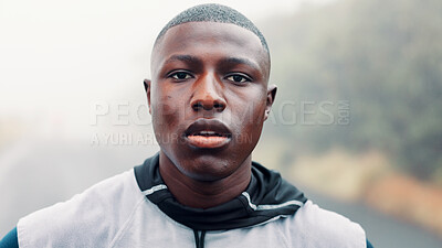 Buy stock photo Exercise, portrait and sports with black man outdoor for cardio training, dedication or workout. Commitment, fitness and overcast with African runner in nature for activity, health or wellness