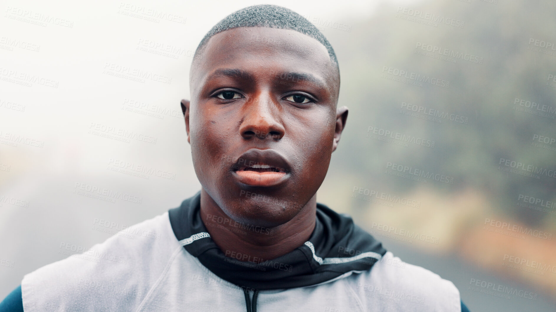 Buy stock photo Exercise, portrait and sports with black man outdoor for cardio training, dedication or workout. Commitment, fitness and overcast with African runner in nature for activity, health or wellness
