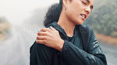 Buy stock photo Outdoor, shoulder pain and woman with fitness, tension and accident with burnout or training. Female person, nature and runner with exercise, joint injury or frustrated athlete with muscle strain