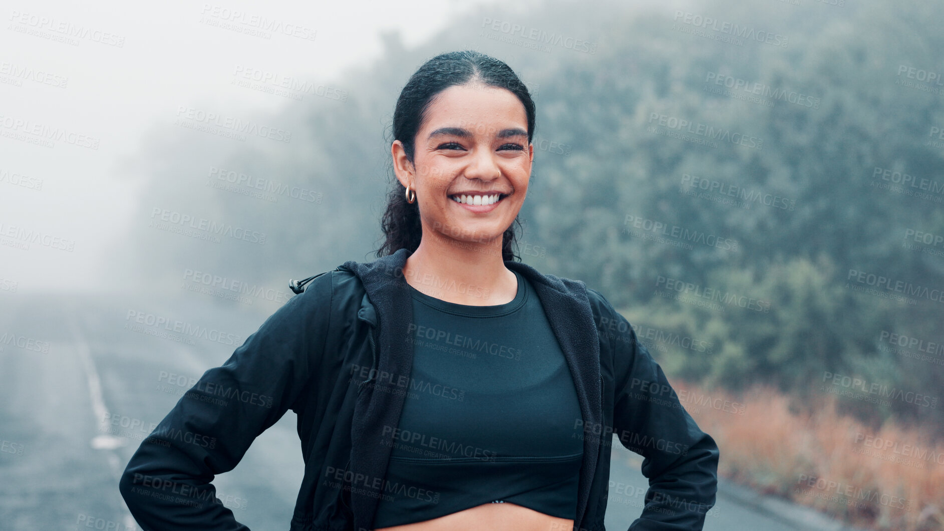 Buy stock photo Nature, fitness and portrait of happy woman on road, marathon runner and ready for cardio training. Outdoor, morning mist and confident athlete smile for endurance practice, wellness or start workout