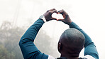 Black man, fitness and heart hands with mist in nature for outdoor training, health or wellness. Back view, active or male person in fog with emoji, sign or shape for love, exercise or winter workout