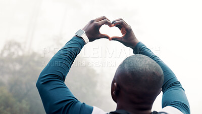 Buy stock photo Black man, fitness and heart hands with mist in nature for outdoor training, health or wellness. Back view, active or male person in fog with emoji, sign or shape for love, exercise or winter workout