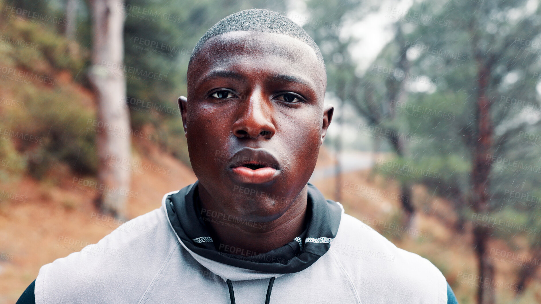 Buy stock photo Tired, outdoor and black man with fitness, portrait and breathing with wellness, rest and nature. African person, runner or healthy athlete with exercise, exhausted or break with fatigue or challenge