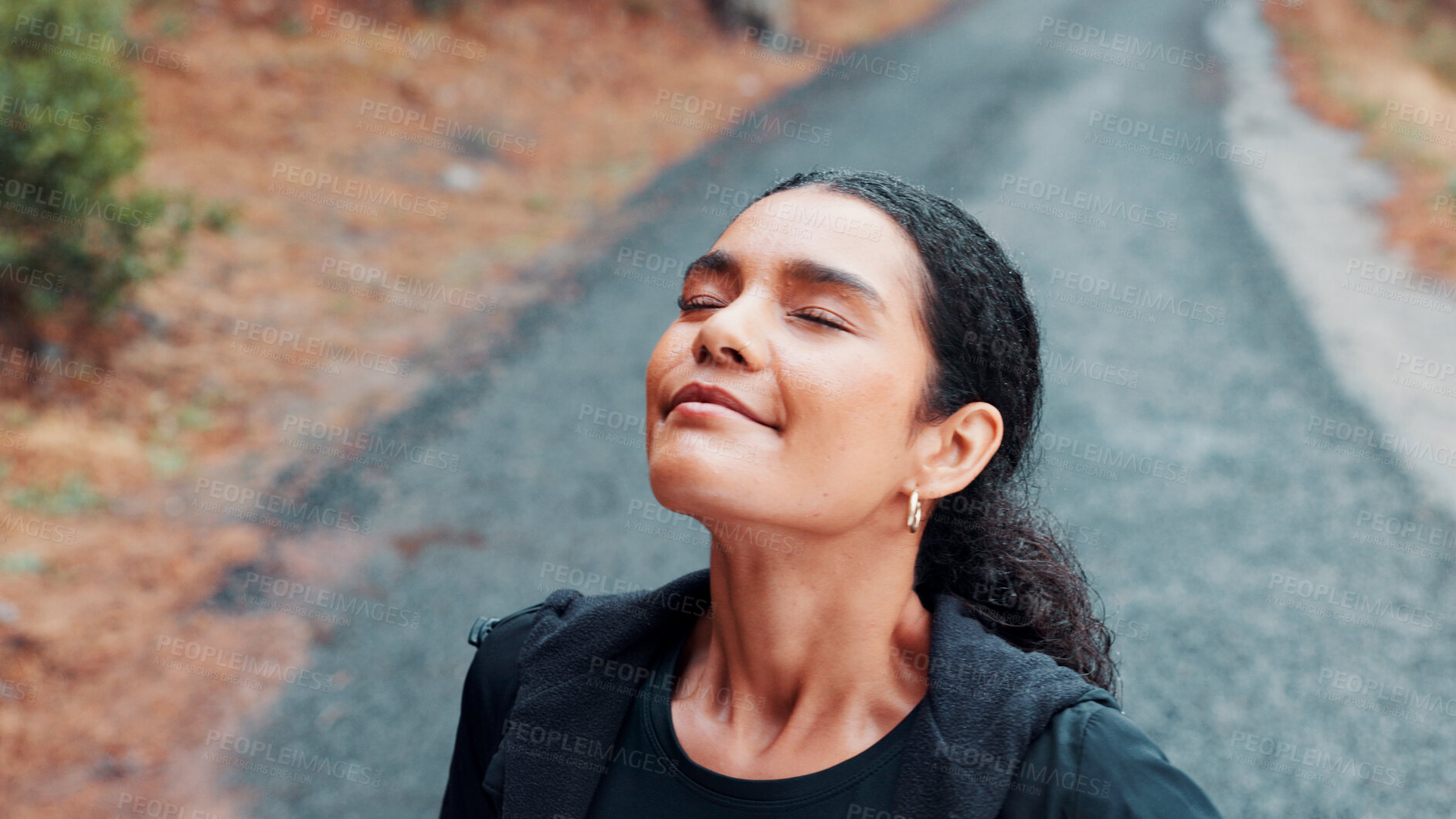 Buy stock photo Fitness, woman outdoor and breathe with eyes closed for fresh air, mindfulness and stress management. Active, female person relax and inhale in nature with smile for wellness, zen and healing energy.