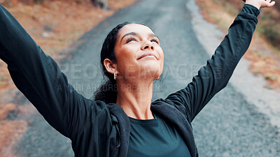 Buy stock photo Woman, fitness and winning with fresh air in nature for workout, outdoor exercise or training. Active, female person or breathing with freedom or achievement for victory, health or wellness on road
