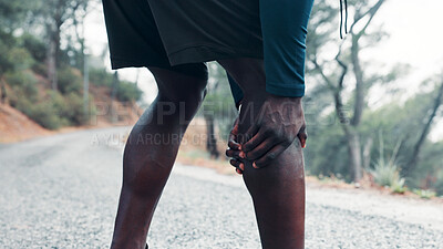 Buy stock photo Fitness, man outdoor and leg pain with workout challenge, difficult exercise and medical emergency. Hurt athlete, person and calf injury in nature from muscle fatigue, inflammation and discomfort.