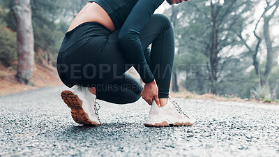 Buy stock photo Hands, woman and ankle pain from fitness outdoor, sports injury and muscle cramp. Athlete, female runner and discomfort from exercise mistake, joint inflammation and calf strain for training accident