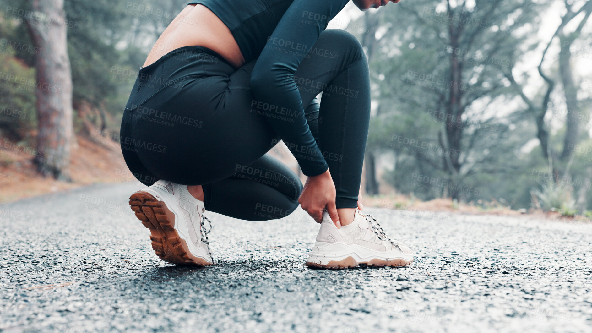 Buy stock photo Hands, woman and ankle pain from fitness outdoor, sports injury and muscle cramp. Athlete, female runner and discomfort from exercise mistake, joint inflammation and calf strain for training accident