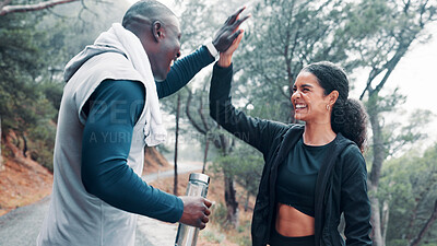Buy stock photo Fitness, people outdoor and high five with smile for workout achievement, exercise goals and milestone. Active, friends and happy with celebration in woods for training success, support and wellness.