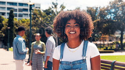 Buy stock photo Portrait, outdoor and woman with smile, university student and confidence with break. Happiness, college and person with pride, scholarship and higher education with knowledge, calm and growth