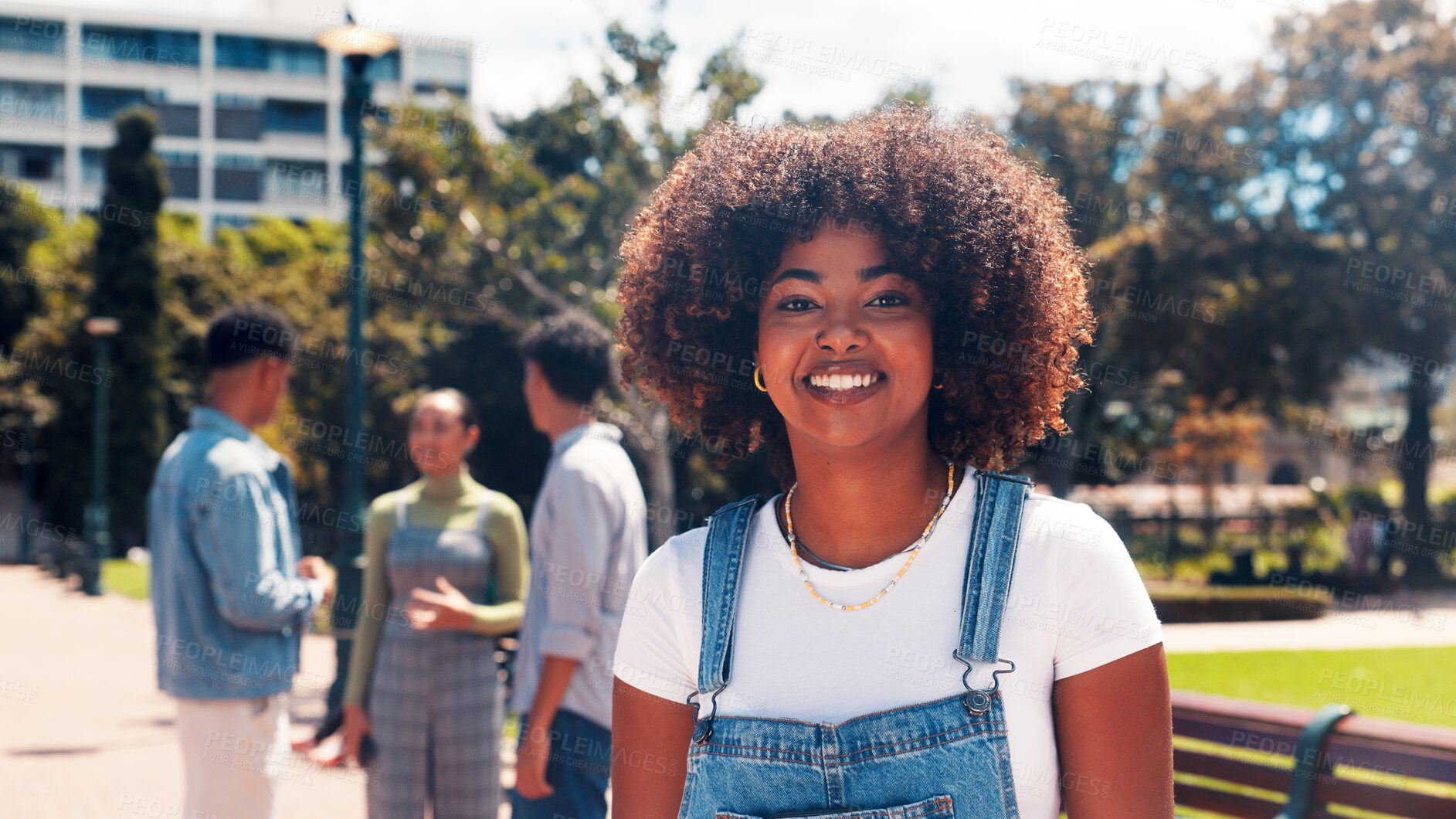 Buy stock photo Portrait, outdoor and woman with smile, university student and confidence with break. Happiness, college and person with pride, scholarship and higher education with knowledge, calm and growth