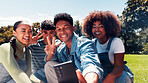 Education, selfie and smile with friends outdoor on college campus for memories or social media. App, peace sign and photograph with group of happy learner people at university for profile picture