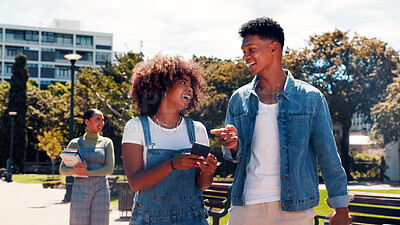 Buy stock photo University students, outdoor and people with smartphone, conversation and funny meme. Campus, friends and man with woman, cellphone and internet with online humor, test results and communication