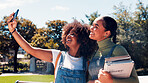 Education, selfie and smile with women outdoor on college campus for memories or social media. App, books and photograph with happy student friends at university for profile picture post or update