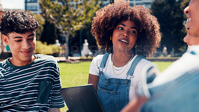 Buy stock photo Friends, talk and group with smile, campus and planning for project on break, education and college. Happy, students and people with scholarship for knowledge, outdoor and discussion at university