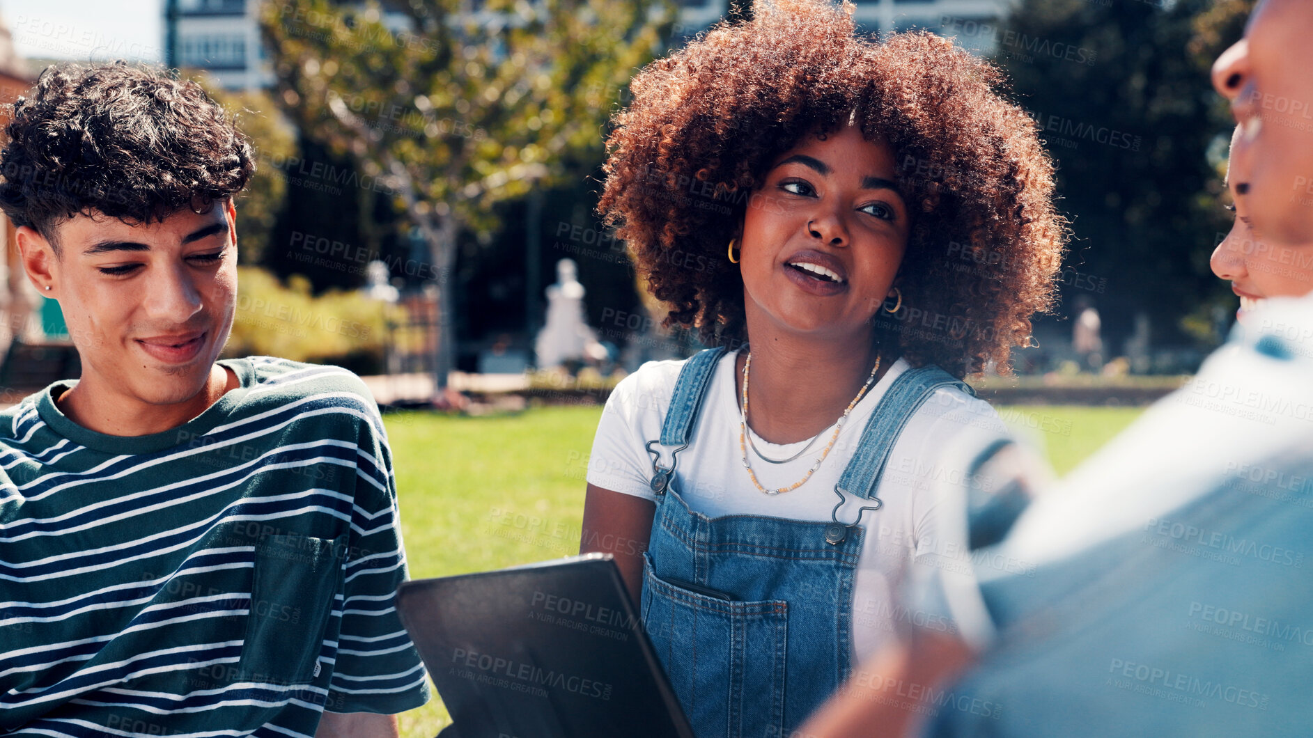 Buy stock photo Friends, talk and group with smile, campus and planning for project on break, education and college. Happy, students and people with scholarship for knowledge, outdoor and discussion at university