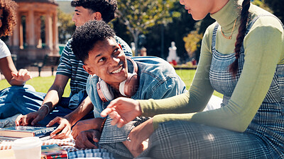 Buy stock photo Happy people, students or picnic with campus friends for social interaction together in park. Group, gen z or smile with discussion or converation for study gathering or bonding on grass field