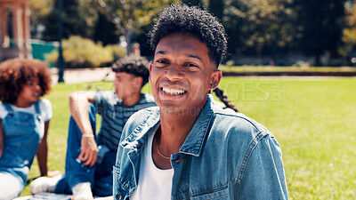 Buy stock photo Man, student and relax with portrait outdoor for education, group study and break from learning. Smile, male person and rest with university friends, scholarship and happiness for knowledge at park