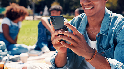 Buy stock photo University students, outdoor and man with cellphone, hands and social media with online joke. Campus, college and person with smartphone, communication and digital app for chatting and test results