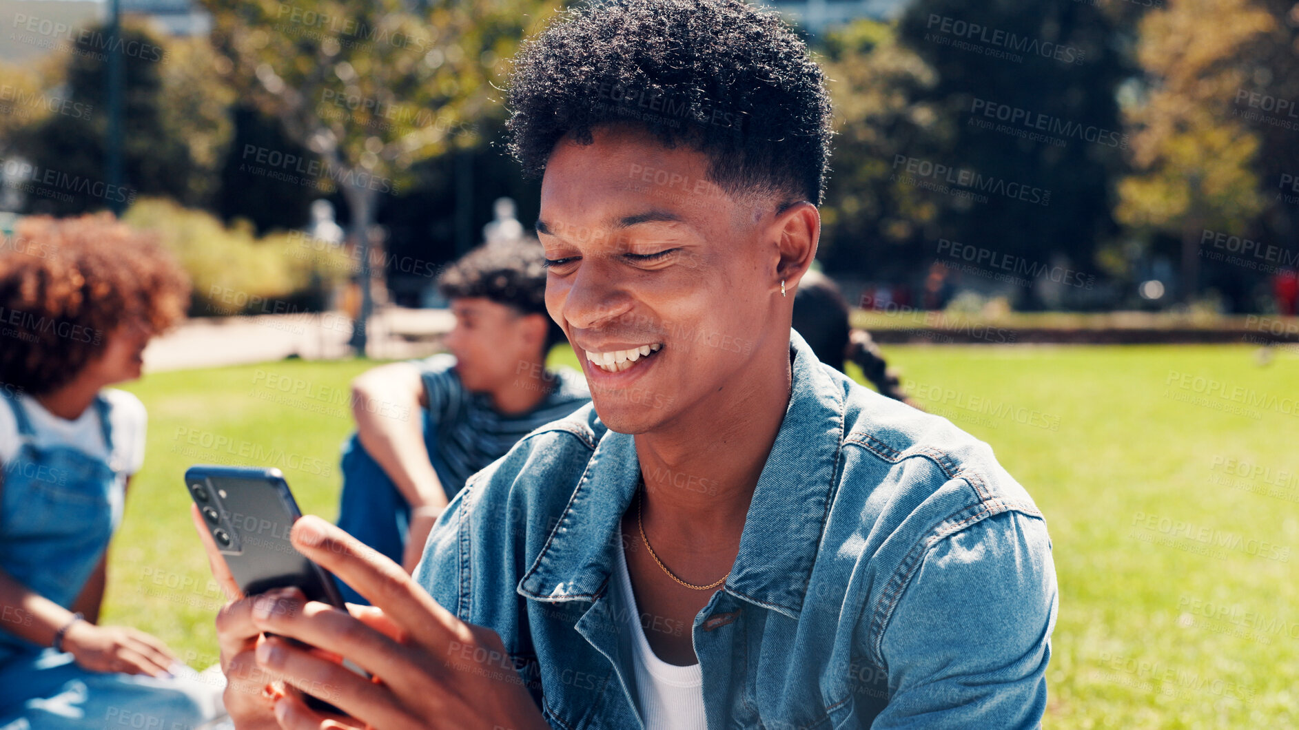 Buy stock photo University student, outdoor and man with smartphone, happiness and internet with funny meme. Campus, college and person with cellphone, scholarship and digital app with online humor or test results