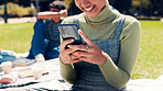 University students, outdoor and woman with smartphone, hands and social media with funny meme. Campus, college and person with cellphone, communication and internet with online humor or test results