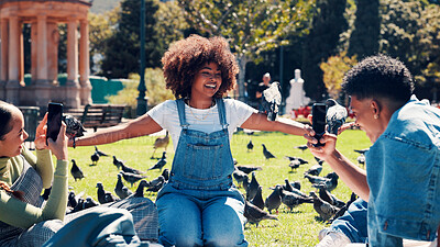 Buy stock photo Phone, photograph and pigeons on woman at campus for education, magic moment or memories. App, birds and profile picture with happy student outdoor at college or university for social media post