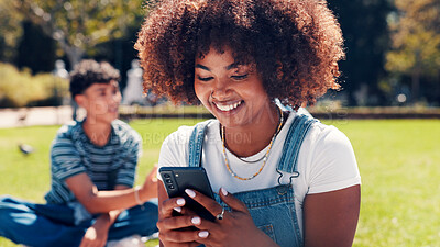 Buy stock photo University student, outdoor and woman with cellphone, smile and social media with funny meme. Campus, college and person with communication, laughing and internet with online humor or test results