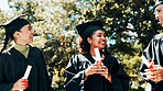 Happy people, certificate and graduation with qualification on campus for education or learning. Group, students or graduates with smile, degree or diploma for academic milestone or achievement