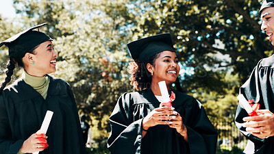 Buy stock photo Happy people, certificate and graduation with qualification on campus for education or learning. Group, students or graduates with smile, degree or diploma for academic milestone or achievement