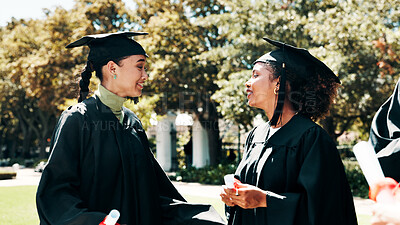 Buy stock photo Smile, women and friends with certificate at graduation outdoor for learning achievement. Happy, people and congratulation with degree for education success, academic goals and bonding for milestone