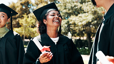 Buy stock photo Smile, woman and friends with certificate at graduation outdoor for learning achievement. Happy, people and congratulation with degree for education success, academic goals and bonding for milestone