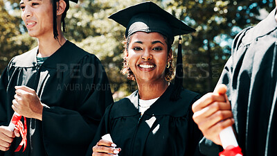 Buy stock photo Happy woman, student or certificate with graduation for qualification, education or learning. Female person, graduate or smile with degree or diploma for academic milestone or achievement in ceremony