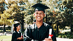 Happy man, portrait or student with graduation certificate for qualification, education or learning. Male person, graduate or smile with degree or diploma for academic milestone, award or achievement