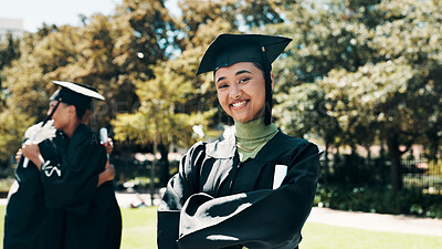 Buy stock photo Happy woman, portrait or student with graduation certificate for qualification, education or learning. Female person, graduate or smile with degree, diploma or award for academic milestone on campus