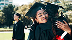 Happy woman, graduation and student with hug for qualification or farewell at ceremony. Female person, graduate or friends with smile, certificate or embrace for academic milestone or campus goodbye