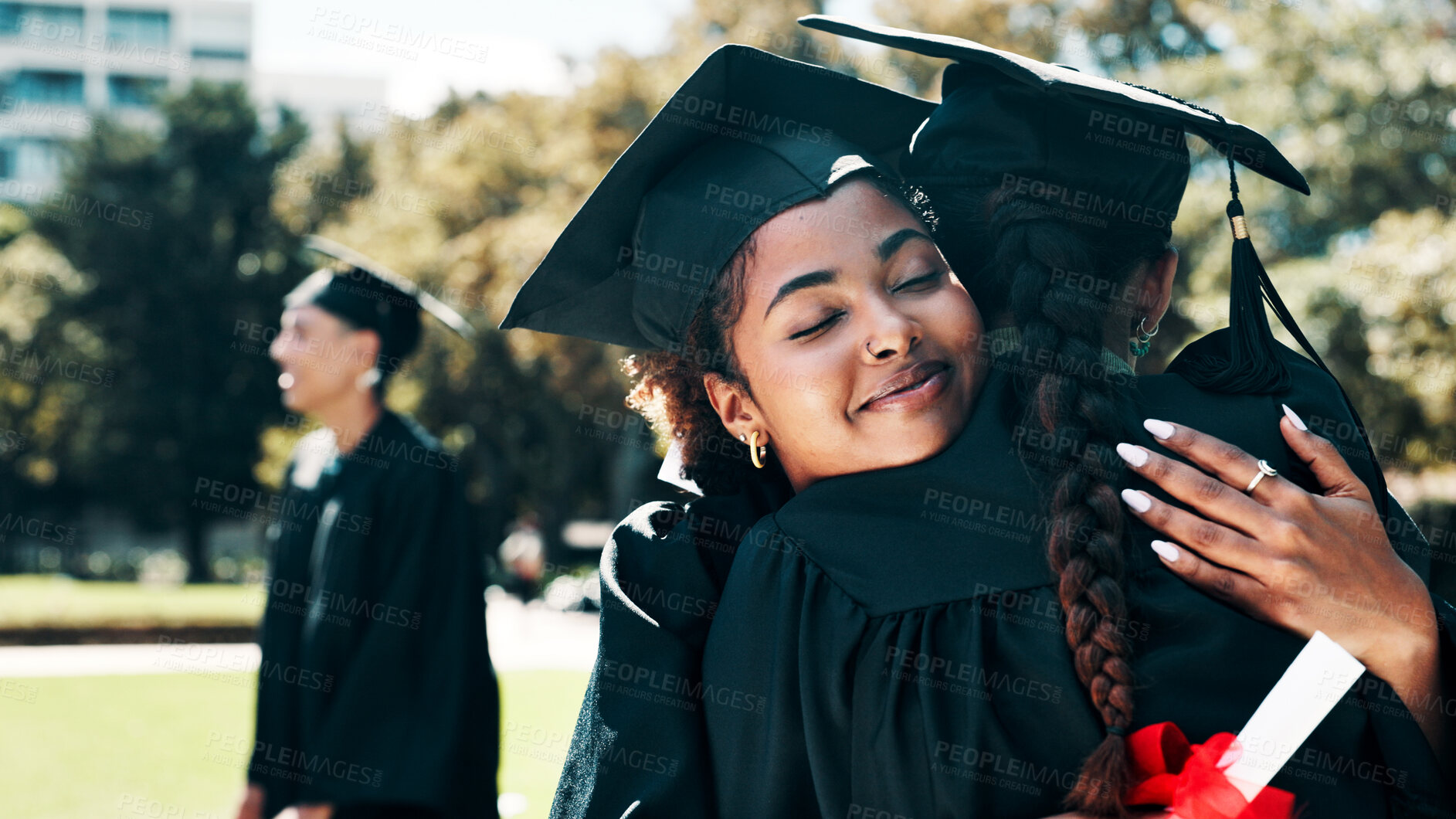 Buy stock photo Happy woman, graduation and student with hug for qualification or farewell at ceremony. Female person, graduate or friends with smile, certificate or embrace for academic milestone or campus goodbye