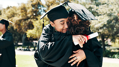 Buy stock photo Happy woman, graduation and student with hug for farewell or thank you at university ceremony. Female person, graduate or friends with certificate or embrace for academic milestone or campus goodbye
