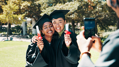 Buy stock photo Happy woman, student or picture with phone for graduation, celebration or certificate on campus. Female people, graduates or friends hug with smile, degree or diploma for photography or memory