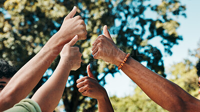 Buy stock photo Below, outdoor and people with thumbs up, hands or university student with agreement. Closeup, group or friends with gesture, like or support for project, motivation or solidarity with icon or symbol