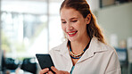 Funny, phone and typing with business woman in office for browsing, connection or social media. App, laughing and text message with happy employee in professional workplace for mobile communication