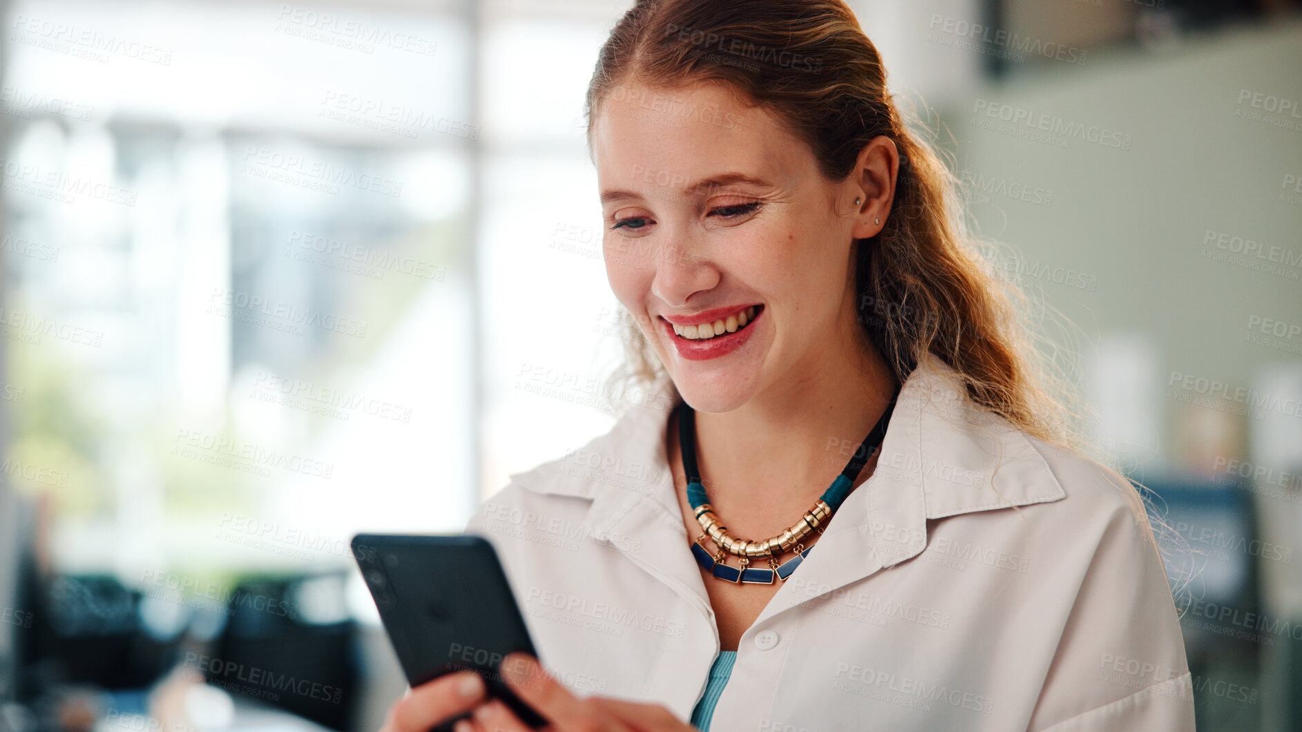 Buy stock photo Funny, phone and typing with business woman in office for browsing, connection or social media. App, laughing and text message with happy employee in professional workplace for mobile communication