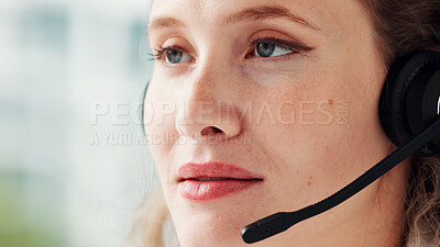 Buy stock photo Call center, headset and woman in office, consultation and help desk with system solution. Person, employee and agent in workplace, communication and contact us with customer support, space and face