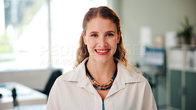 Buy stock photo About us, portrait and smile of business woman in office for career, job satisfaction or opportunity. Agency, confident and proud with happy employee person in workplace for professional development