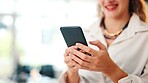 Woman, hands and browse with phone in office for public relations, social media management or plan. Person, scroll or typing with tech in workplace for brand communication, mobile app or PR feedback.
