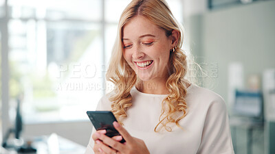 Buy stock photo Laughing, phone and typing with business woman in office for browsing, connection or social media. App, funny and text message with happy employee in professional workplace for mobile communication