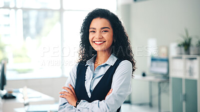 Buy stock photo Arms crossed, portrait and smile of business woman in office for career, job satisfaction or opportunity. About us, agency and proud with happy employee in workplace for professional development